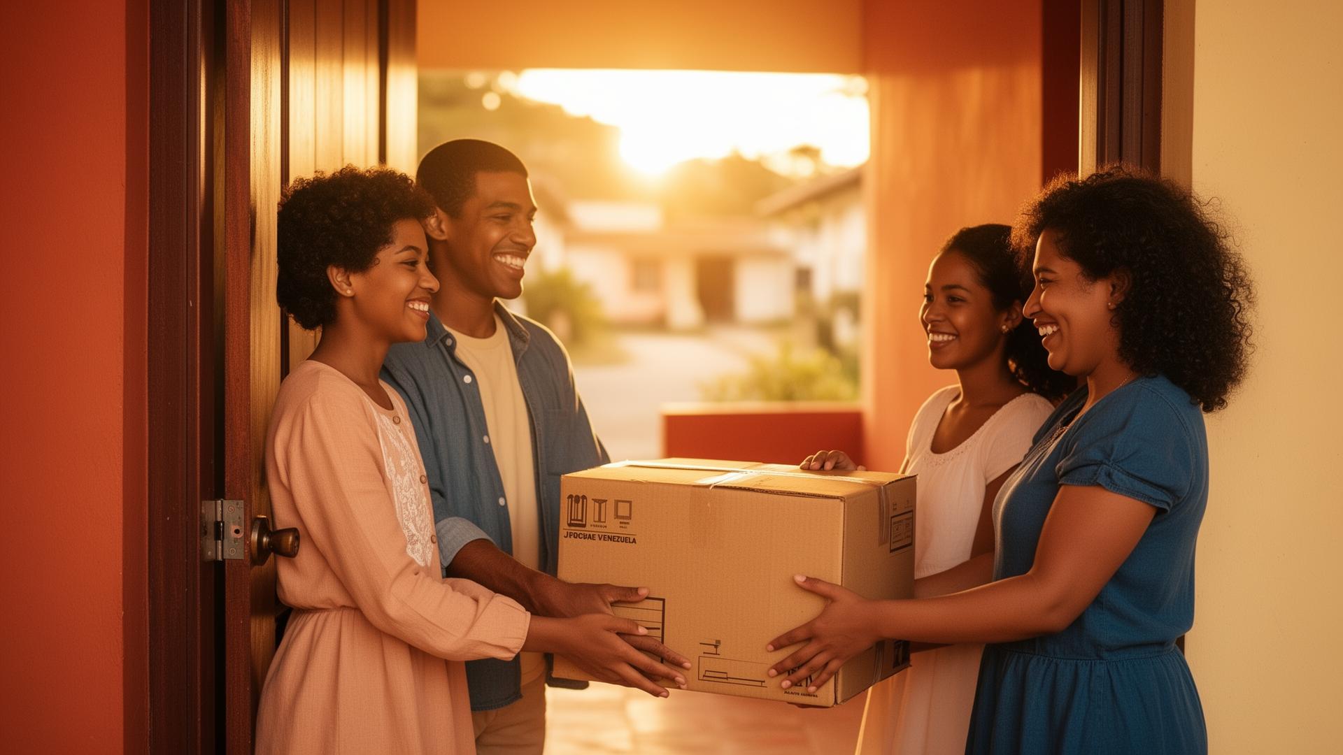 Familia venezolana recibiendo un paquete enviado desde Florida